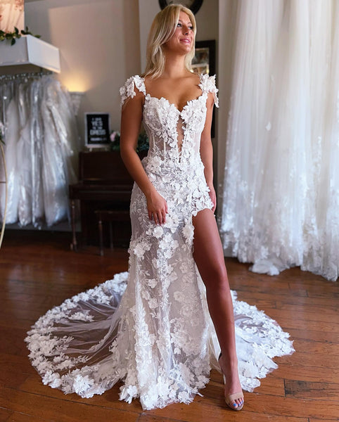 Mermaid Off the Shoulder Lace Appliques  Wedding Dresses with Slit DM24071110