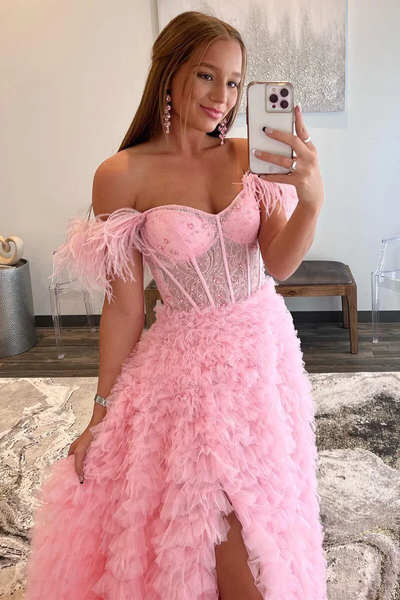 A-Line Sweet Pink Off-the-Shoulder Bustier Feather Prom Dresses LD3030602