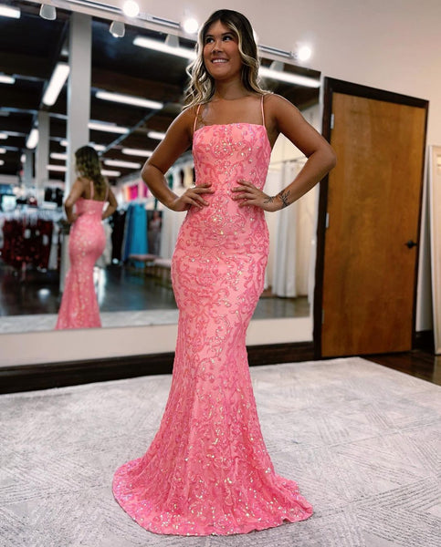 Glitter Mermaid Spaghetti Straps Pink Sequins Lace Prom Dresses DM24071201