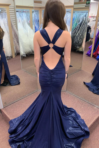 Navy Blue V Neck Satin Mermaid Long Prom Dress with Slit MD4022901