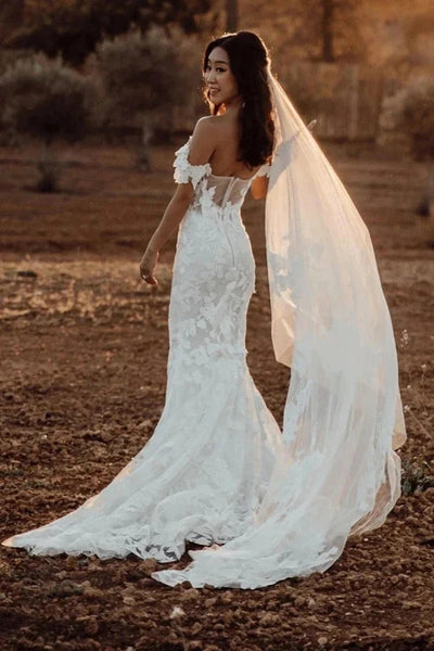 Charming Mermaid Off the Shoulder White Lace Wedding Dresses LD210402