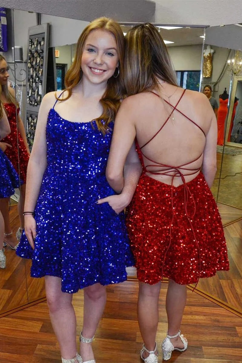 Cute A-Line Scoop Neck Royal Blue Sequin Short Homecoming Dresses with Pockets DM24071109