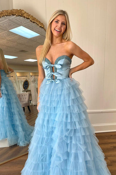 Light Blue Sweetheart Tiered Tulle Long Prom Dress MD122806
