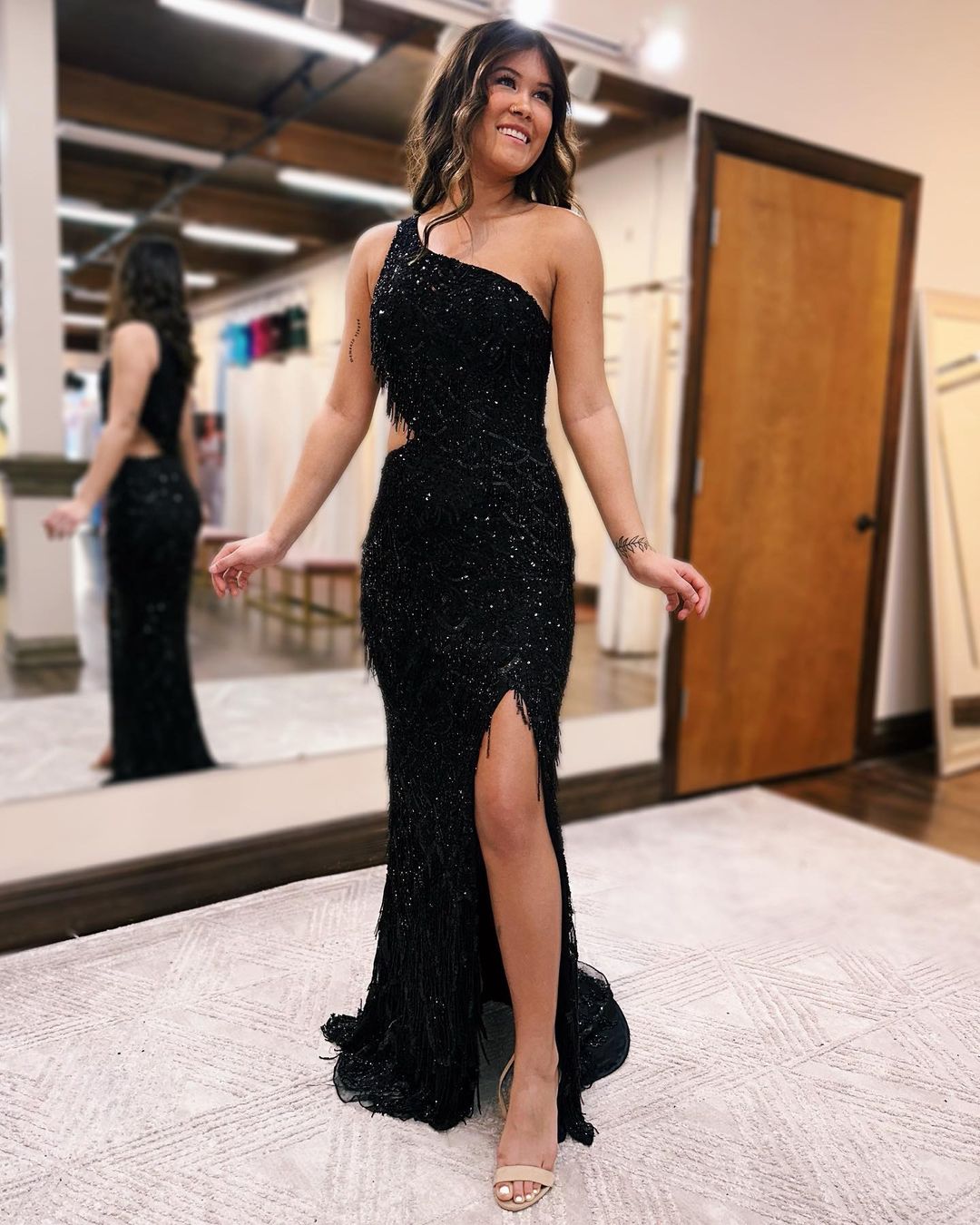 Mermaid One Shoulder Cutout Black Sequins Long Prom Dresses with Slit DM24071101