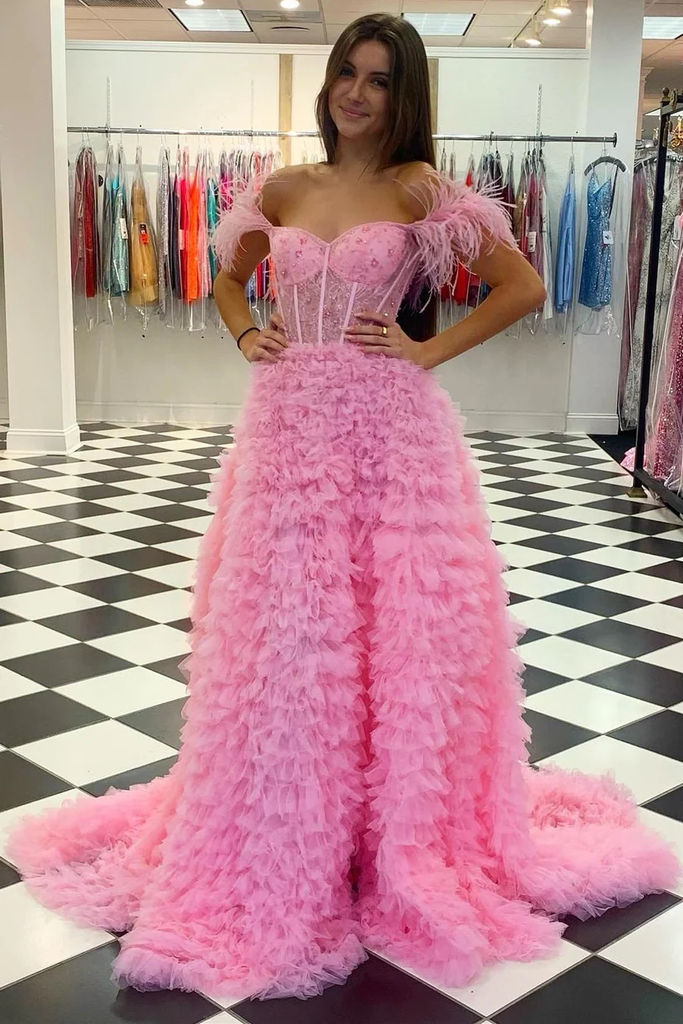 A-Line Sweet Pink Off-the-Shoulder Bustier Feather Prom Dresses LD3030602 Dressmeet A-Line Sweet Pink Off-the-Shoulder Bustier Feather Prom Dresses LD3030602 Dressmeet