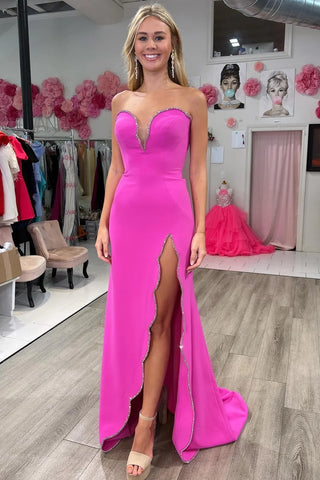 Fuchsia Beaded Strapless Mermaid Long Formal Dress with Slit MD112009