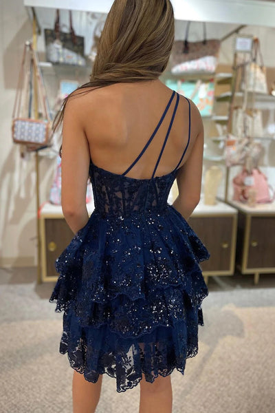 Gorgeous A Line One Shoulder Navy Short Homecoming Dress with Lace MD082901