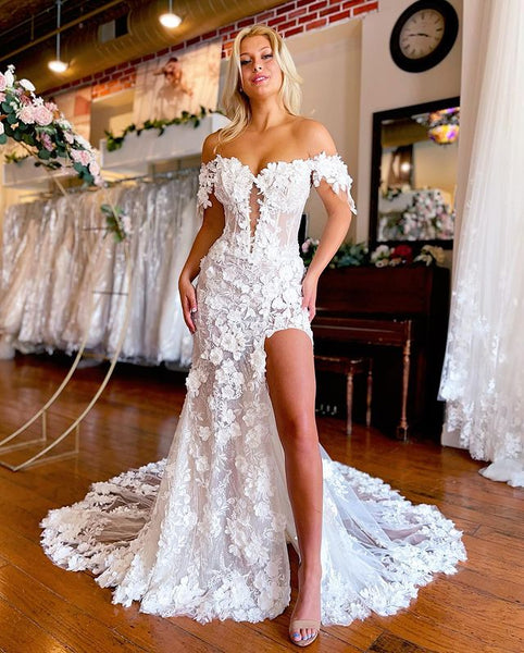 Mermaid Off the Shoulder Lace Appliques  Wedding Dresses with Slit DM24071110