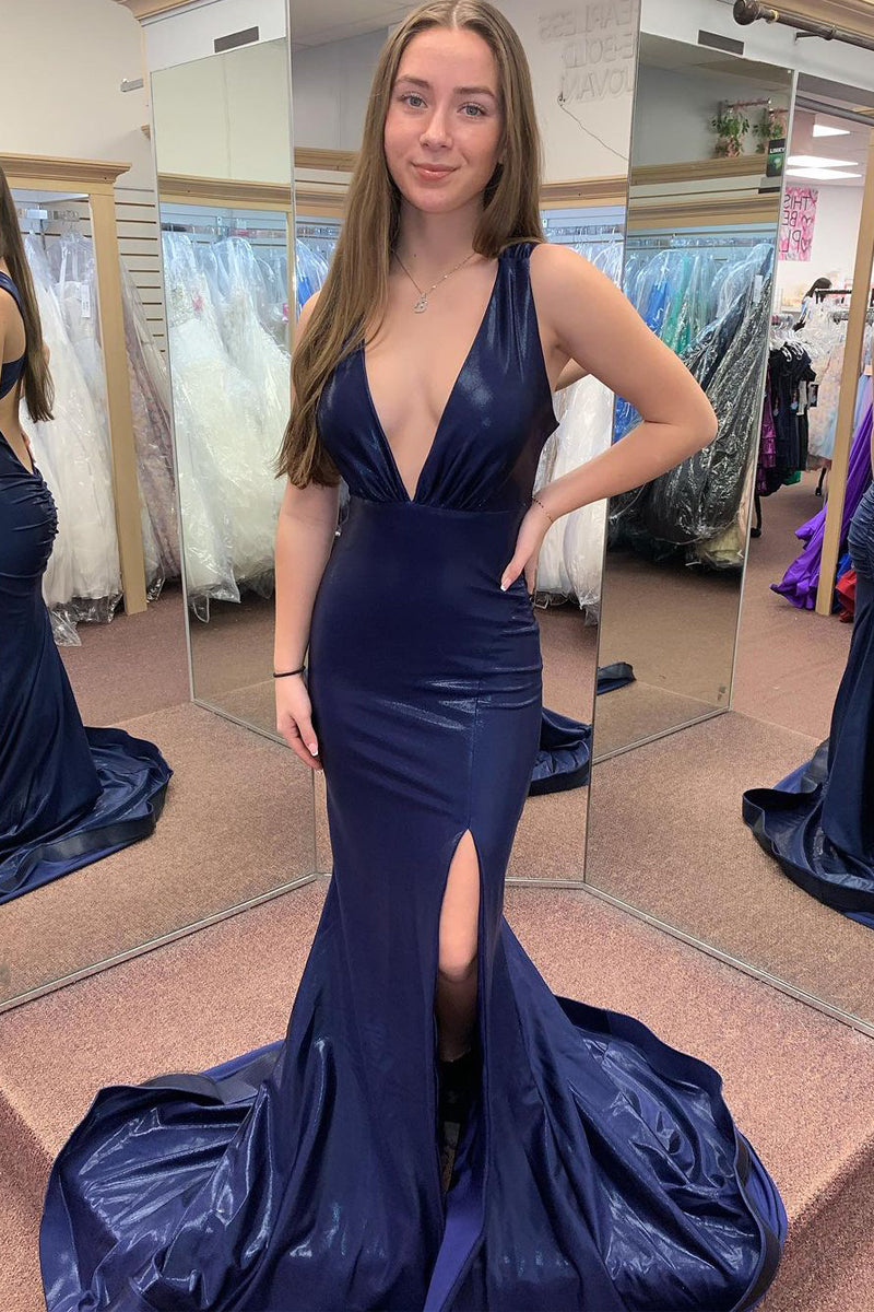 Navy Blue V Neck Satin Mermaid Long Prom Dress with Slit MD4022901