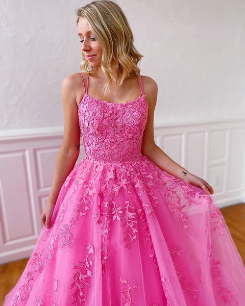 Pretty A-Line Scoop Neck Pink Tulle Long Prom Dresses with Appliques DM24070806