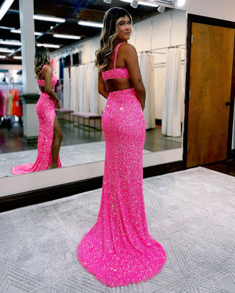 Hot Pink V Neck Sequins Mermaid Long Prom Dress with Slit MD121910