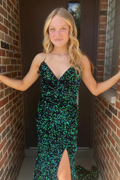 Sparkly Dark Green Mermaid Sequins Long Prom Dress with Slit DM3082712