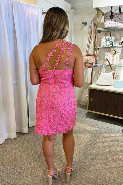 Cute Bodycon One Shoulder Pink Lace Appliques Short Homecoming Dresses LD3062903