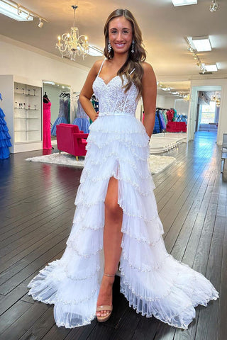 White Sweetheart Tiered Tulle Long Prom Dresses with Appliques MD112202