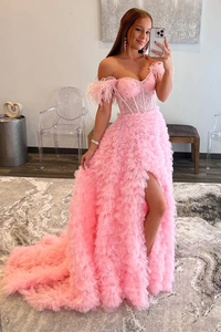A-Line Sweet Pink Off-the-Shoulder Bustier Feather Prom Dresses LD3030602