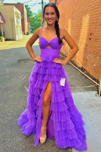 Purple Sweetheart Ruffle Tiered Tulle Long Prom Dresses MD4011802