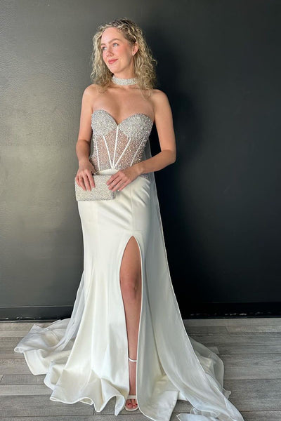 Mermaid Sweetheart White Beaded Long Prom Dress MD4021101
