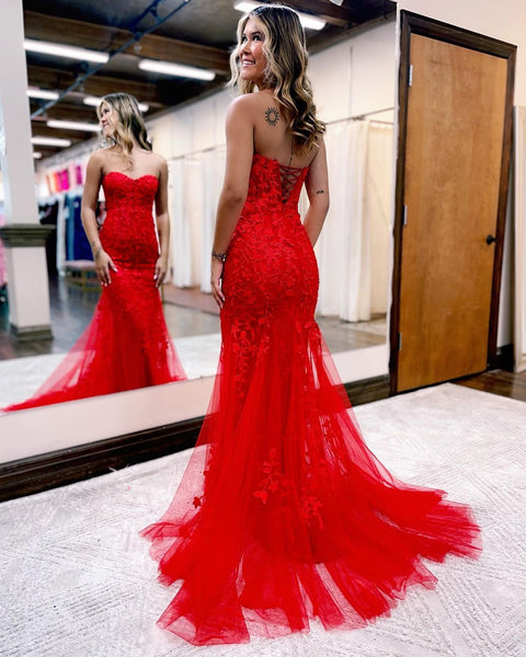 Mermaid Sweetheart Red Tulle Long Prom Dresses with Lace Appliques DM24071205