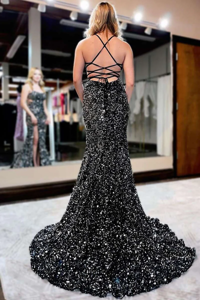 Mermaid Scoop Neck Black Sequins Long Prom Dress with Slit DM24071701