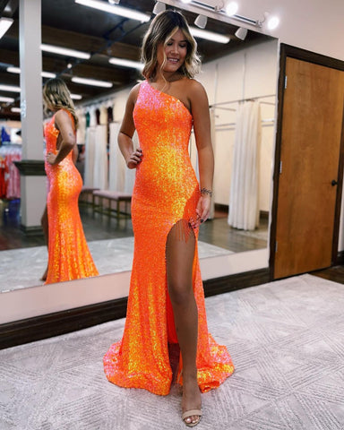 Elegant Mermaid One Shoulder Orange Sequins Long Prom Evening Dresses LD3031106