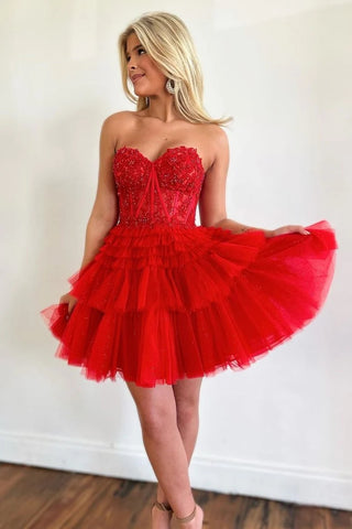 Red Tulle Sweetheart Tiered A-Line Short Party Dress with Ruffles LD3070707