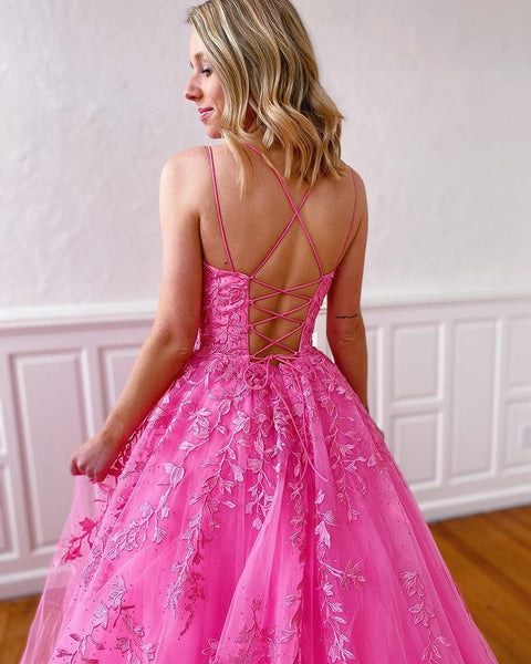 Pretty A-Line Scoop Neck Pink Tulle Long Prom Dresses with Appliques DM24070806