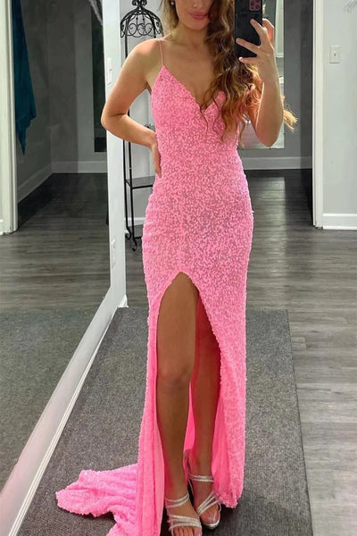 Sparkly Mermaid V Neck Pink Sequins Long Prom Dresses Slit DM24070807