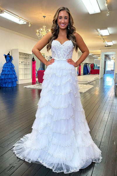 White Sweetheart Tiered Tulle Long Prom Dresses with Appliques MD112202