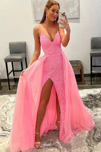 Sparkly Mermaid V Neck Pink Sequins Long Prom Dresses Slit DM24070807