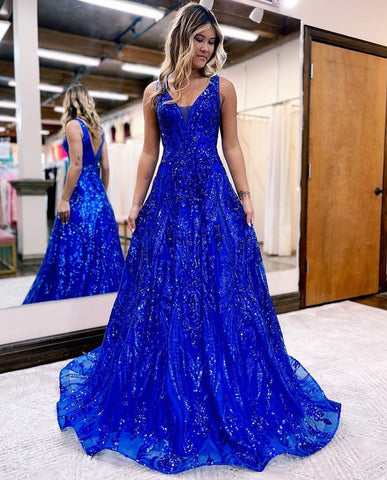 Charming A-Line V Neck Royal Blue Sequins Long Prom Dresses DM24071204