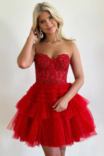 Red Tulle Sweetheart Tiered A-Line Short Party Dress with Ruffles LD3070707