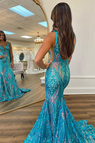 Cute Mermaid Sparkly V Neck Teal Sequins Lace Prom Dress MD4012306
