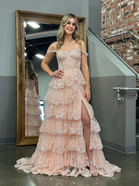 Blush Pink Off the Shoulder Ruffle Tiered Tulle Long Prom Dresses MD4012003