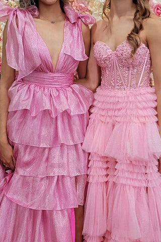 Princess A Line Deep V Neck Pink Prom Dress with Ruffles MD112307